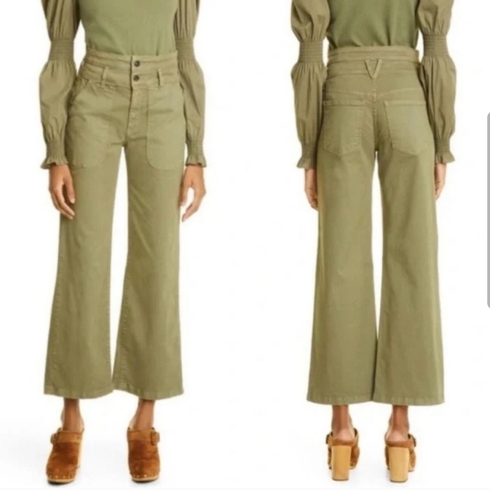 Veronica Beard Hilde Wide Leg  Ankle Crop High Rise in Clover Green Wash Size 25